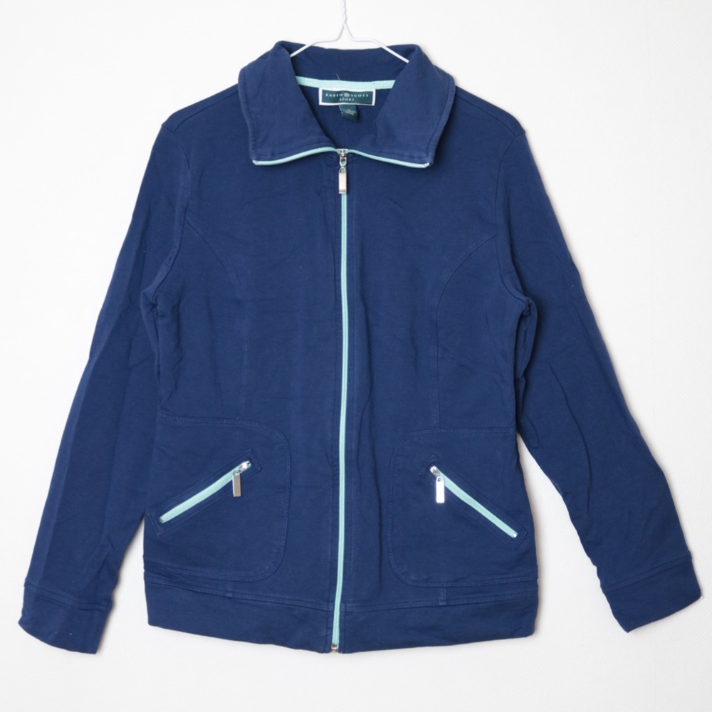 Karen Scott Sports Navy Blue Teal Zip Up Stretch Jacket Size M